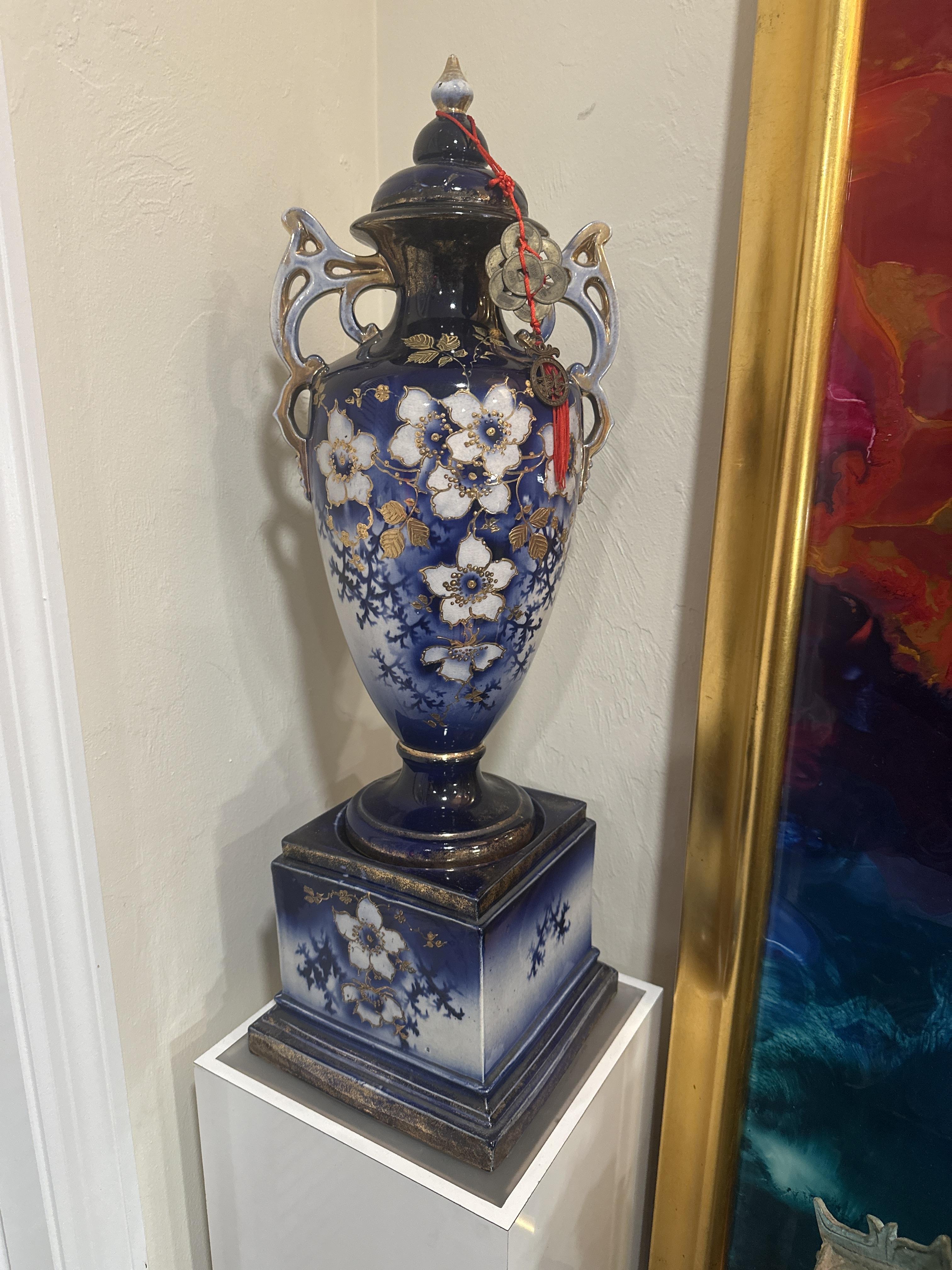Antique English blue and white two-piece porcelain urn